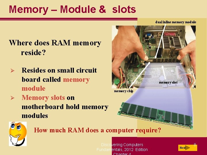 Memory – Module & slots dual inline memory module Where does RAM memory reside?