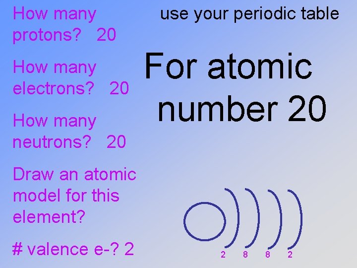 How many protons? 20 How many electrons? 20 How many neutrons? 20 use your