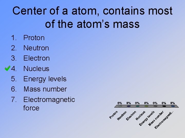 Center of a atom, contains most of the atom’s mass 1. 2. 3. 4.