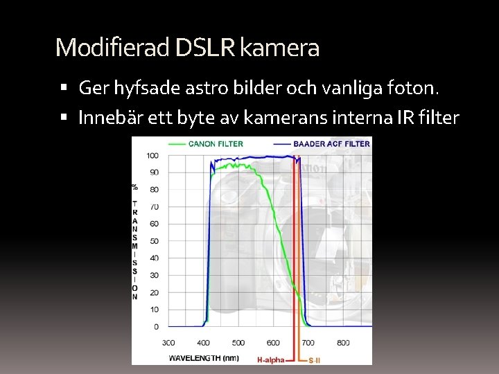 Modifierad DSLR kamera Ger hyfsade astro bilder och vanliga foton. Innebär ett byte av