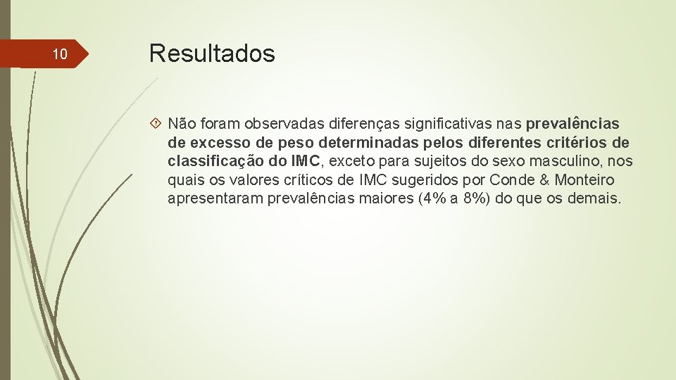 10 Resultados Não foram observadas diferenças significativas nas prevalências de excesso de peso determinadas