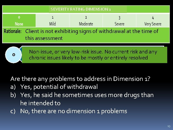 SEVERITY RATING DIMENSION 1 Client is not exhibiting signs of withdrawal at the time