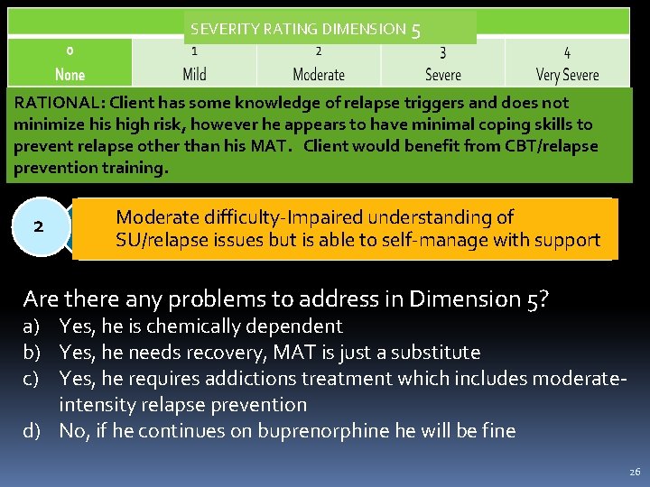 SEVERITY RATING DIMENSION 5 RATIONAL: Client has some knowledge of relapse triggers and does