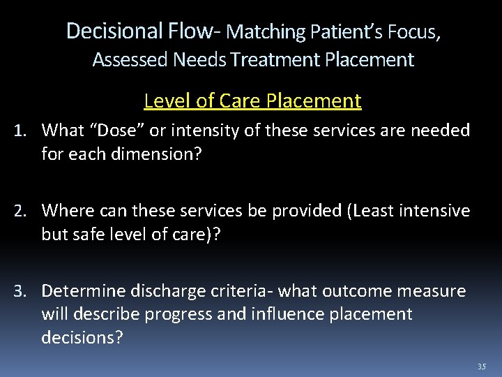 Decisional Flow- Matching Patient’s Focus, Assessed Needs Treatment Placement Level of Care Placement 1.