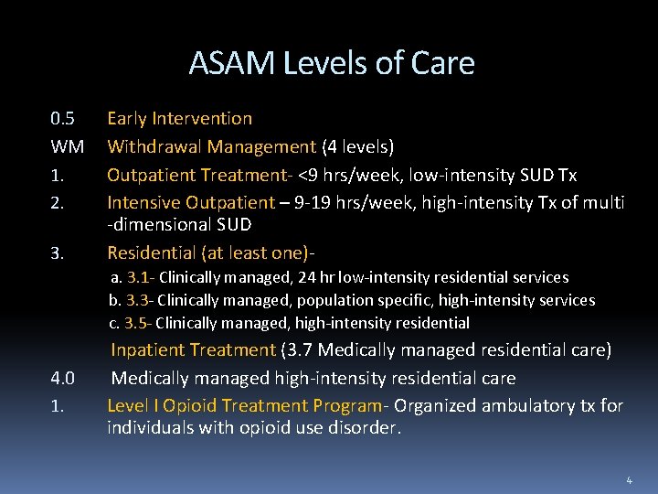 ASAM Levels of Care 0. 5 WM 1. 2. 3. Early Intervention Withdrawal Management