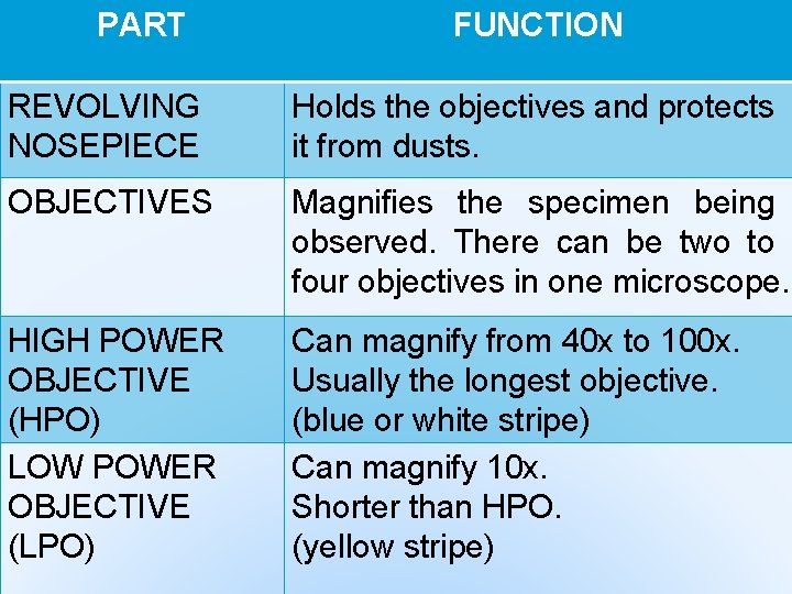 PART FUNCTION REVOLVING NOSEPIECE Holds the objectives and protects it from dusts. OBJECTIVES Magnifies