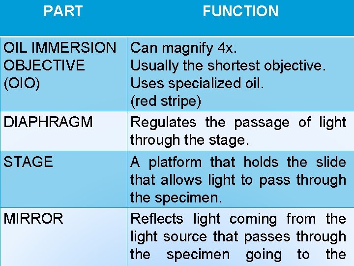 PART FUNCTION OIL IMMERSION Can magnify 4 x. OBJECTIVE Usually the shortest objective. (OIO)