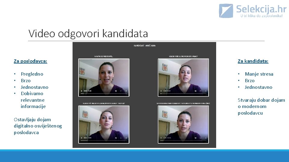 Video odgovori kandidata Za poslodavca: • • Pregledno Brzo Jednostavno Dobivamo relevantne informacije Ostavljaju