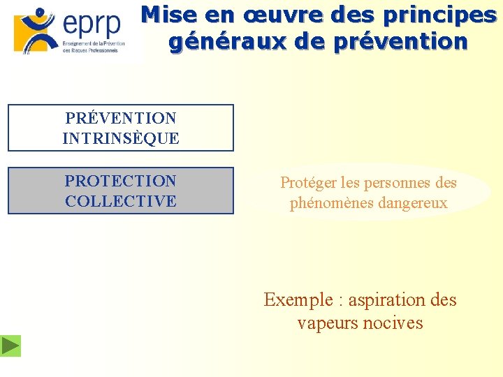 Mise en œuvre des principes généraux de prévention PRÉVENTION INTRINSÈQUE PROTECTION COLLECTIVE Protéger les