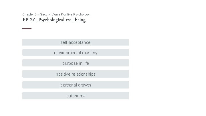 Chapter 2 – Second Wave Positive Psychology PP 2. 0: Psychological well-being self-acceptance environmental