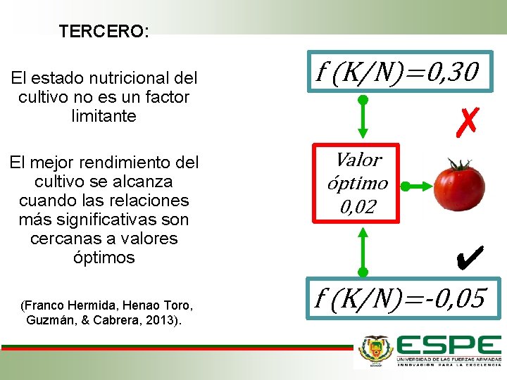 TERCERO: El estado nutricional del cultivo no es un factor limitante El mejor rendimiento