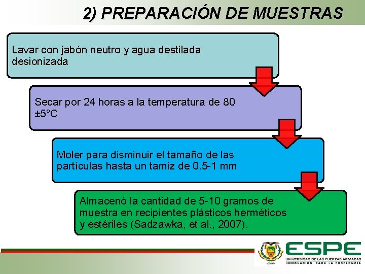 2) PREPARACIÓN DE MUESTRAS Lavar con jabón neutro y agua destilada desionizada Secar por