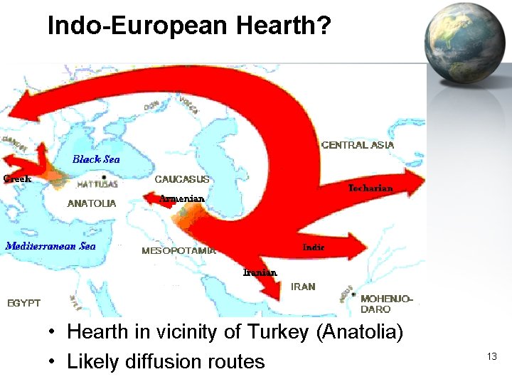 Indo-European Hearth? • Hearth in vicinity of Turkey (Anatolia) • Likely diffusion routes 13 Indo-European Hearth? • Hearth in vicinity of Turkey (Anatolia) • Likely diffusion routes 13