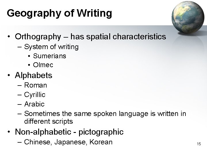Geography of Writing • Orthography – has spatial characteristics – System of writing • Geography of Writing • Orthography – has spatial characteristics – System of writing •