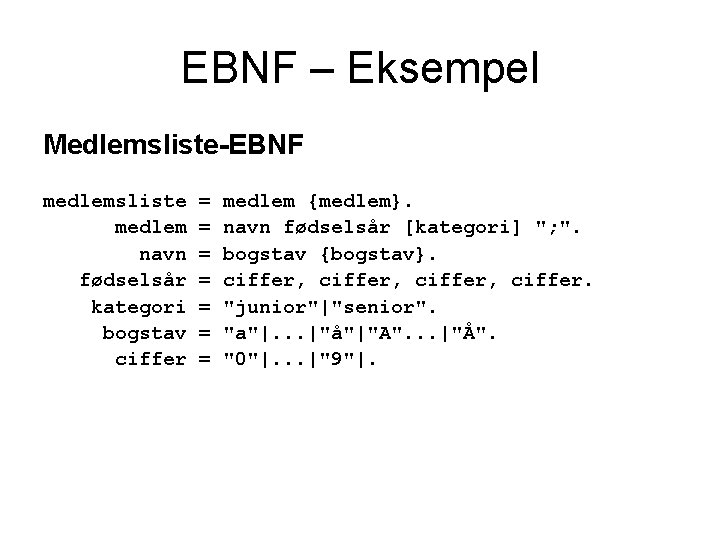 EBNF – Eksempel Medlemsliste-EBNF medlemsliste medlem navn fødselsår kategori bogstav ciffer = = =