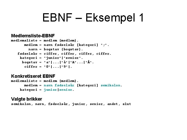 EBNF – Eksempel 1 Medlemsliste-EBNF medlemsliste medlem navn fødselsår kategori bogstav ciffer = =