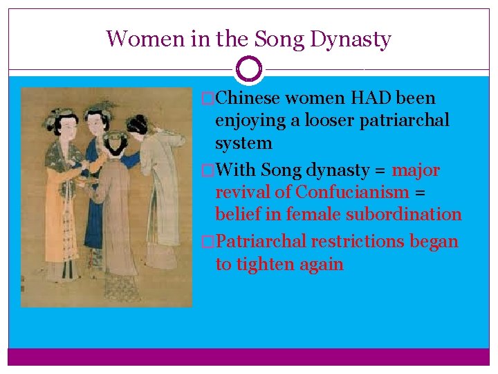 Women in the Song Dynasty �Chinese women HAD been enjoying a looser patriarchal system Women in the Song Dynasty �Chinese women HAD been enjoying a looser patriarchal system