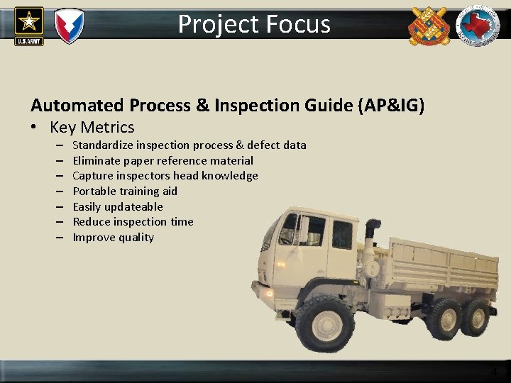 Project Focus DEPOT Logo goes here Automated Process & Inspection Guide (AP&IG) • Key