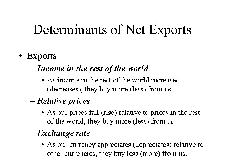 Determinants of Net Exports • Exports – Income in the rest of the world