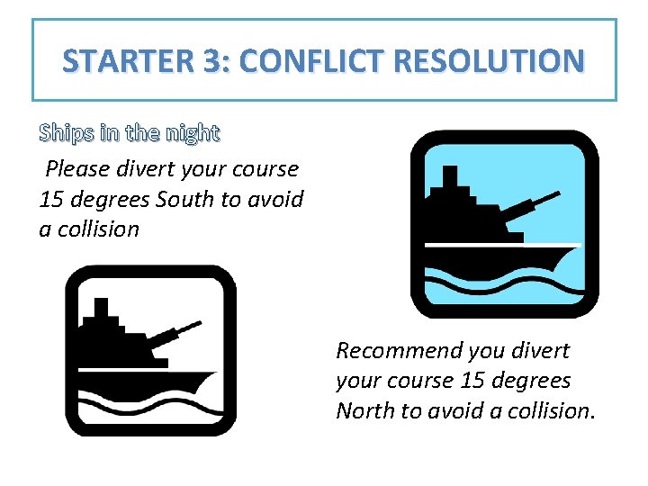 STARTER 3: CONFLICT RESOLUTION Ships in the night Please divert your course 15 degrees STARTER 3: CONFLICT RESOLUTION Ships in the night Please divert your course 15 degrees