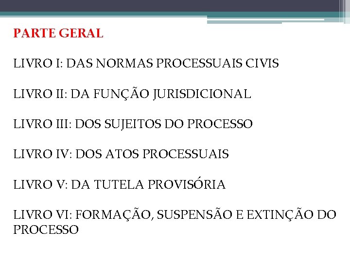 PARTE GERAL LIVRO I: DAS NORMAS PROCESSUAIS CIVIS LIVRO II: DA FUNÇÃO JURISDICIONAL LIVRO