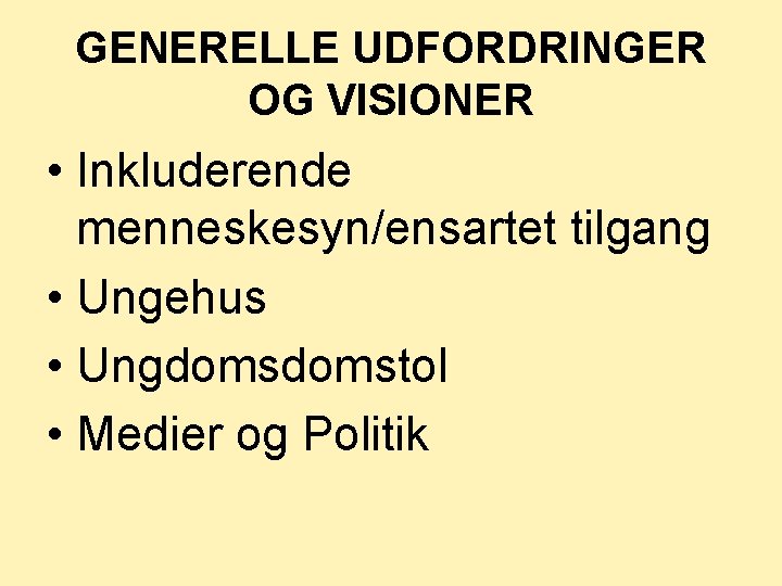 GENERELLE UDFORDRINGER OG VISIONER • Inkluderende menneskesyn/ensartet tilgang • Ungehus • Ungdomstol • Medier