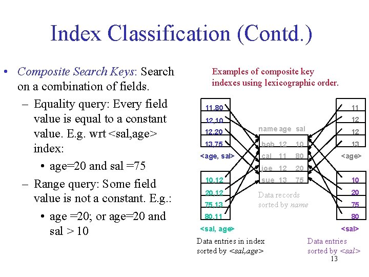 Index Classification (Contd. ) • Composite Search Keys: Search on a combination of fields.