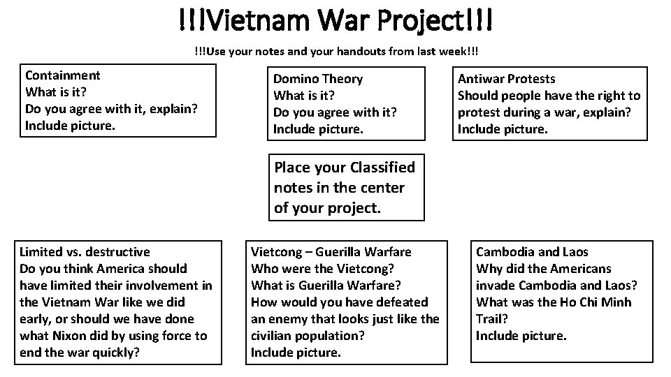 !!!Vietnam War Project!!! !!!Use your notes and your handouts from last week!!! Containment What