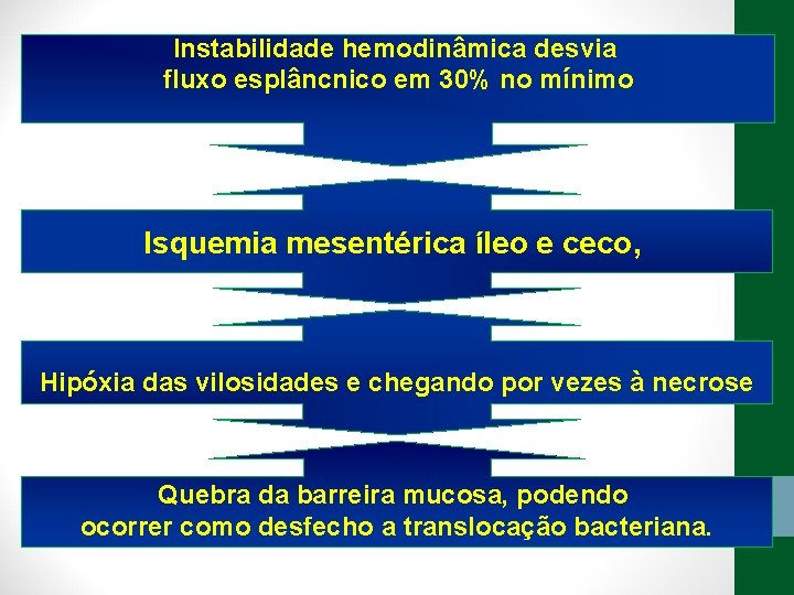 Instabilidade hemodinâmica desvia fluxo esplâncnico em 30% no mínimo Isquemia mesentérica íleo e ceco,