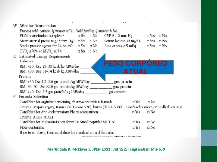 PESO CORPÓREO ATUAL Martindale R, Mc. Clave S. JPEN 2011. Vol 35 (5) September: