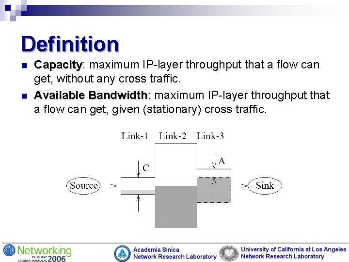 Definition n n Capacity: Capacity maximum IP-layer throughput that a flow can get, without