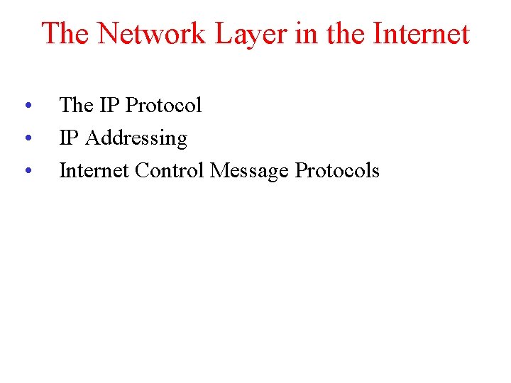 The Network Layer in the Internet • • • The IP Protocol IP Addressing