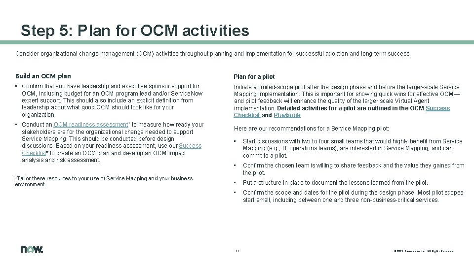 Step 5: Plan for OCM activities Consider organizational change management (OCM) activities throughout planning