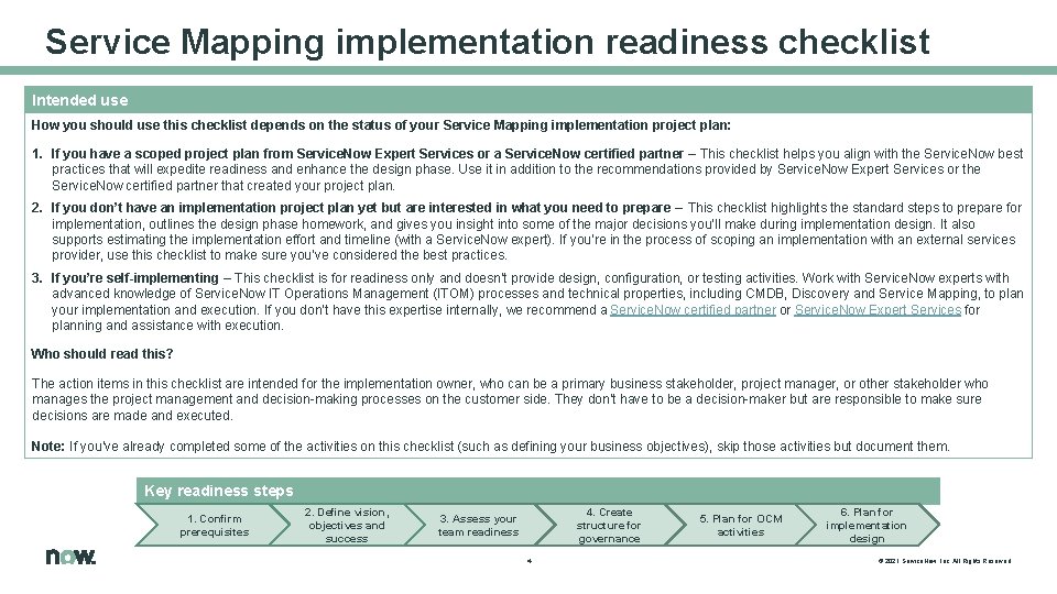 Service Mapping implementation readiness checklist Intended use How you should use this checklist depends