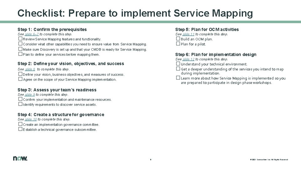 Checklist: Prepare to implement Service Mapping Step 1: Confirm the prerequisites Step 5: Plan