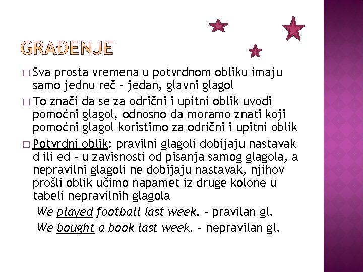 � Sva prosta vremena u potvrdnom obliku imaju samo jednu reč – jedan, glavni