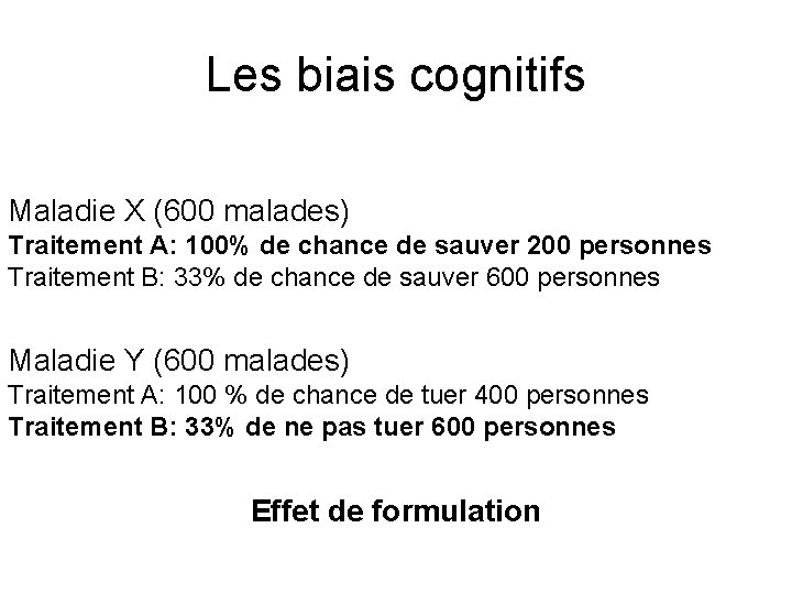 Les biais cognitifs Maladie X (600 malades) Traitement A: 100% de chance de sauver