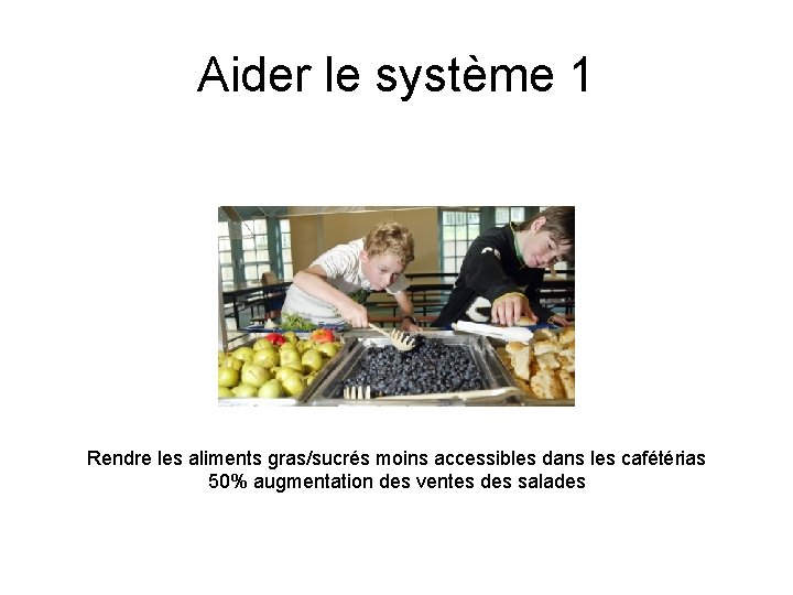 Aider le système 1 Rendre les aliments gras/sucrés moins accessibles dans les cafétérias 50%