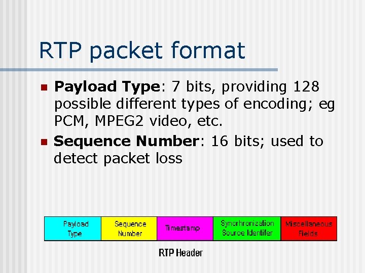 RTP packet format n n Payload Type: 7 bits, providing 128 possible different types
