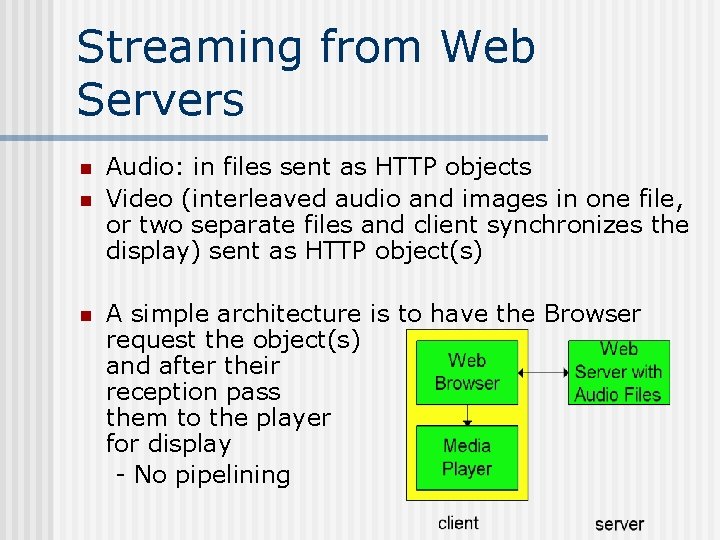 Streaming from Web Servers n n n Audio: in files sent as HTTP objects