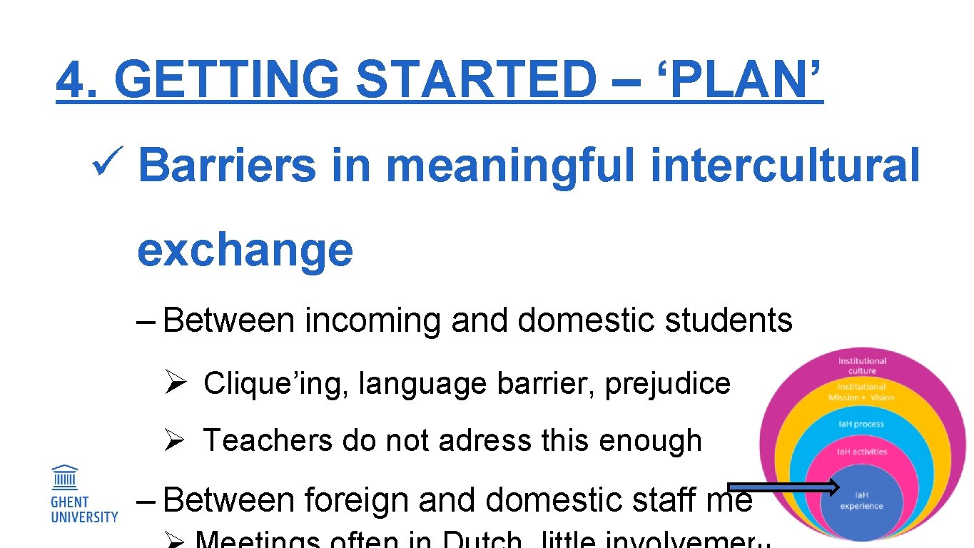 4. GETTING STARTED – ‘PLAN’ ü Barriers in meaningful intercultural exchange ‒ Between incoming