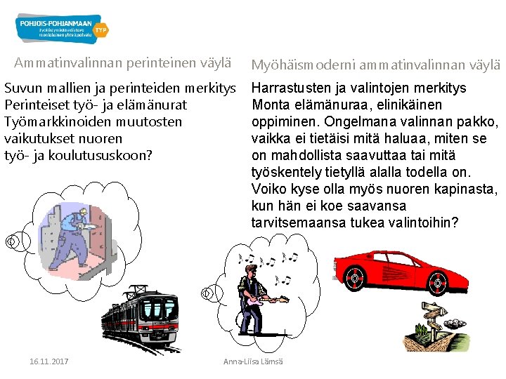 Ammatinvalinnan perinteinen väylä Myöhäismoderni ammatinvalinnan väylä Suvun mallien ja perinteiden merkitys Perinteiset työ- ja