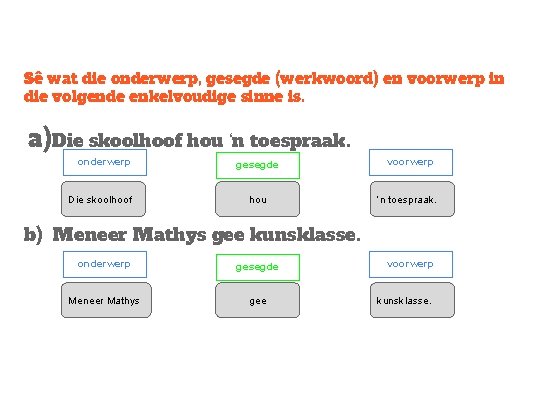 Sê wat die onderwerp, gesegde (werkwoord) en voorwerp in die volgende enkelvoudige sinne is.