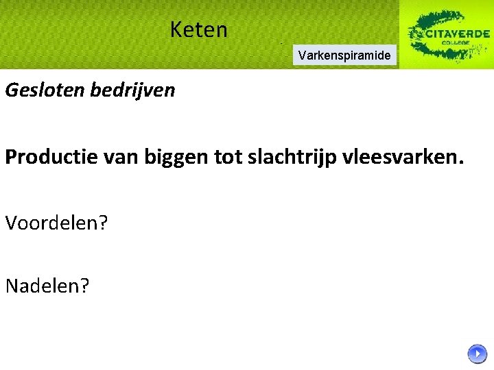 Keten Varkenspiramide Gesloten bedrijven Productie van biggen tot slachtrijp vleesvarken. Voordelen? Nadelen? Keten Varkenspiramide Gesloten bedrijven Productie van biggen tot slachtrijp vleesvarken. Voordelen? Nadelen?