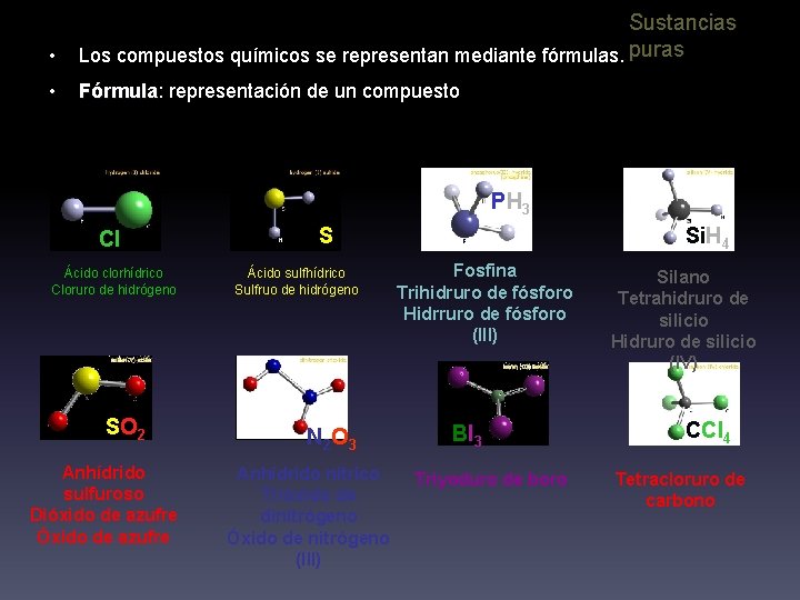  • Sustancias Los compuestos químicos se representan mediante fórmulas. puras • Fórmula: Fórmula