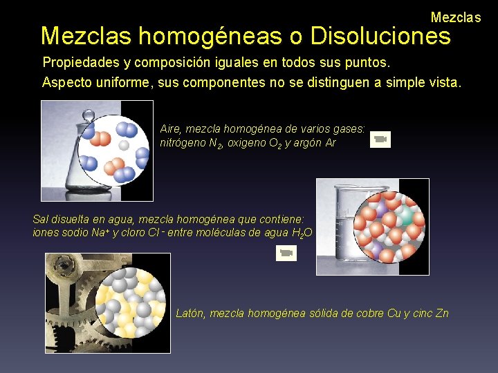 Mezclas homogéneas o Disoluciones Propiedades y composición iguales en todos sus puntos. Aspecto uniforme,