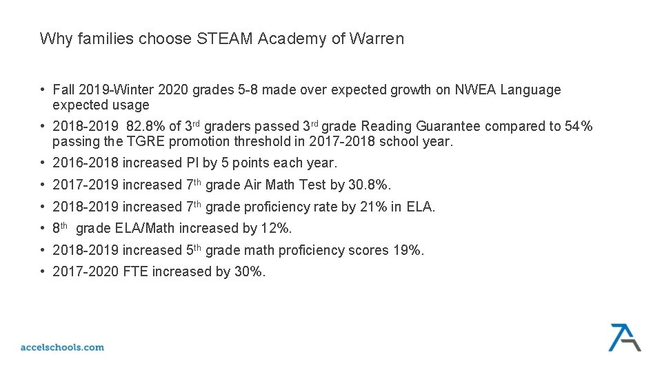 Why families choose STEAM Academy of Warren • Fall 2019 -Winter 2020 grades 5