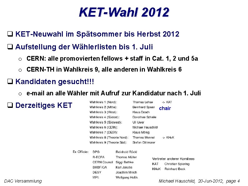 KET-Wahl 2012 q KET-Neuwahl im Spätsommer bis Herbst 2012 q Aufstellung der Wählerlisten bis