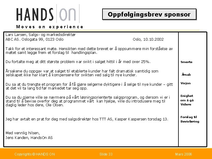 Oppfølgingsbrev sponsor Moves on experience Larsen, Salgs- og markedsdirektør ABC AS. Oslogata 99, 0123
