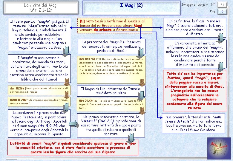 La visita dei Magi (Mt. 2, 1 -12) Il testo parla di “maghi" (m£goi).